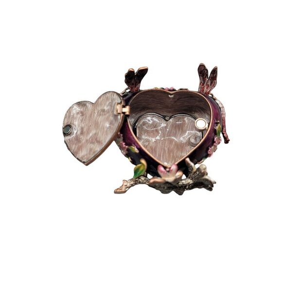 Heart Trinket Box Purple Enamel Pave Rhinestone Acccent Flowers Dragonflies - Picture 13 of 16